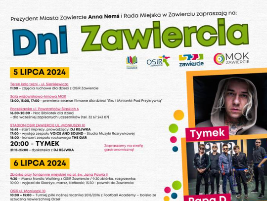 Tymek, Papa D, Brathanki, Myslovitz – dni Zawiercia już w ten weekend