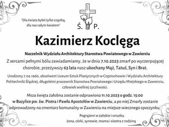 Zmarł Kazimierz Koclęga- wieloletni Naczelnik Wydziału Architektury w starostwie