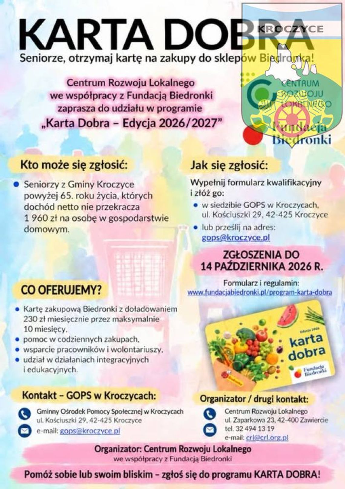 Karta Dobra 2026/2027. Seniorzy z gminy Kroczyce mogą otrzymać 230 zł miesięcznie na zakupy Karta Dobra 2026/2027. Seniorzy z gminy Kroczyce mogą otrzymać 230 zł miesięcznie na zakupy