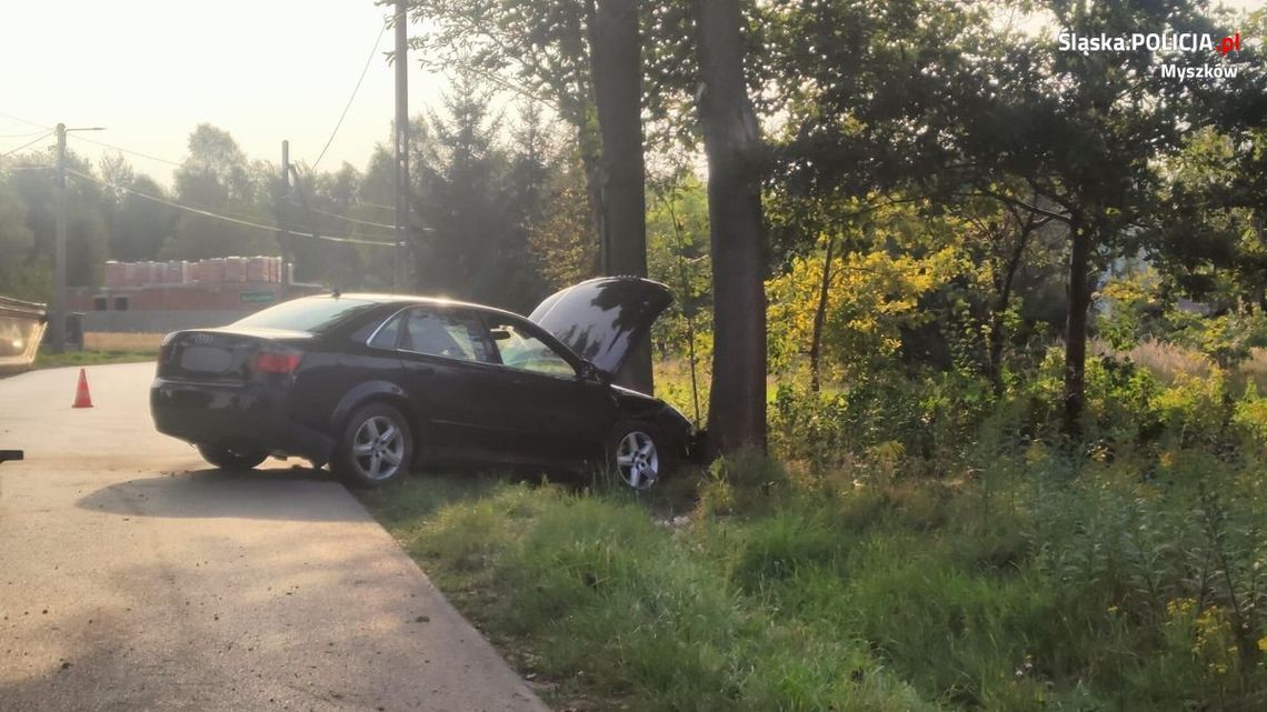 MYSZKÓW. PIJANY KIROWCA WJECHAŁ W DRZEWO I RAZEM Z PASAŻEREM  UCIEKŁ Z MIEJSCA ZDARZENIA