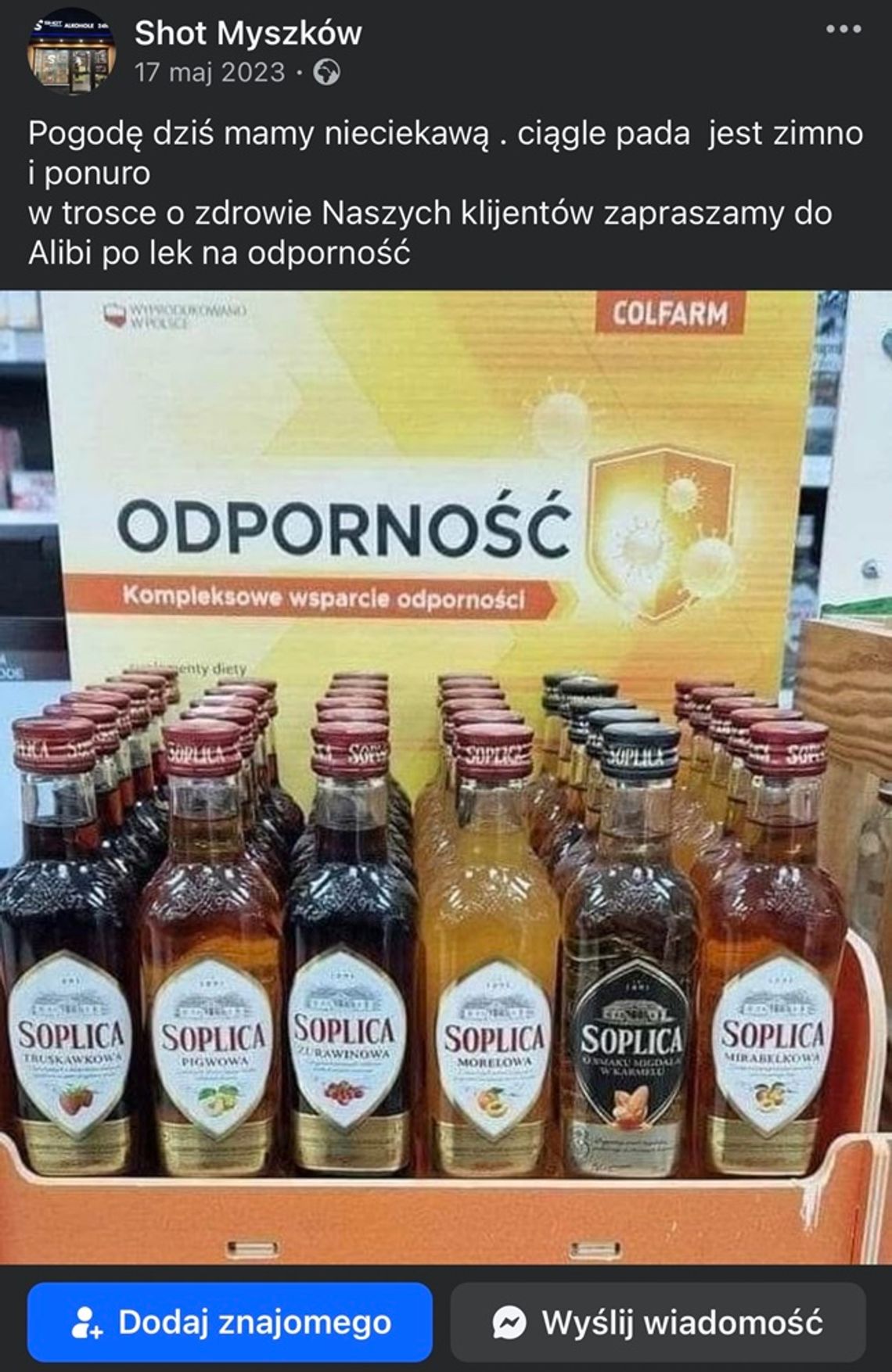SOPLICA NA ODPORNOŚĆ I SERNIK W PŁYNNEJ POSTACI. PROMOCJE NA PROFILU „SHOT MYSZKÓW” PRAWIE NA PEWNO SĄ NIELEGALNĄ REKLAMĄ ALKOHOLU