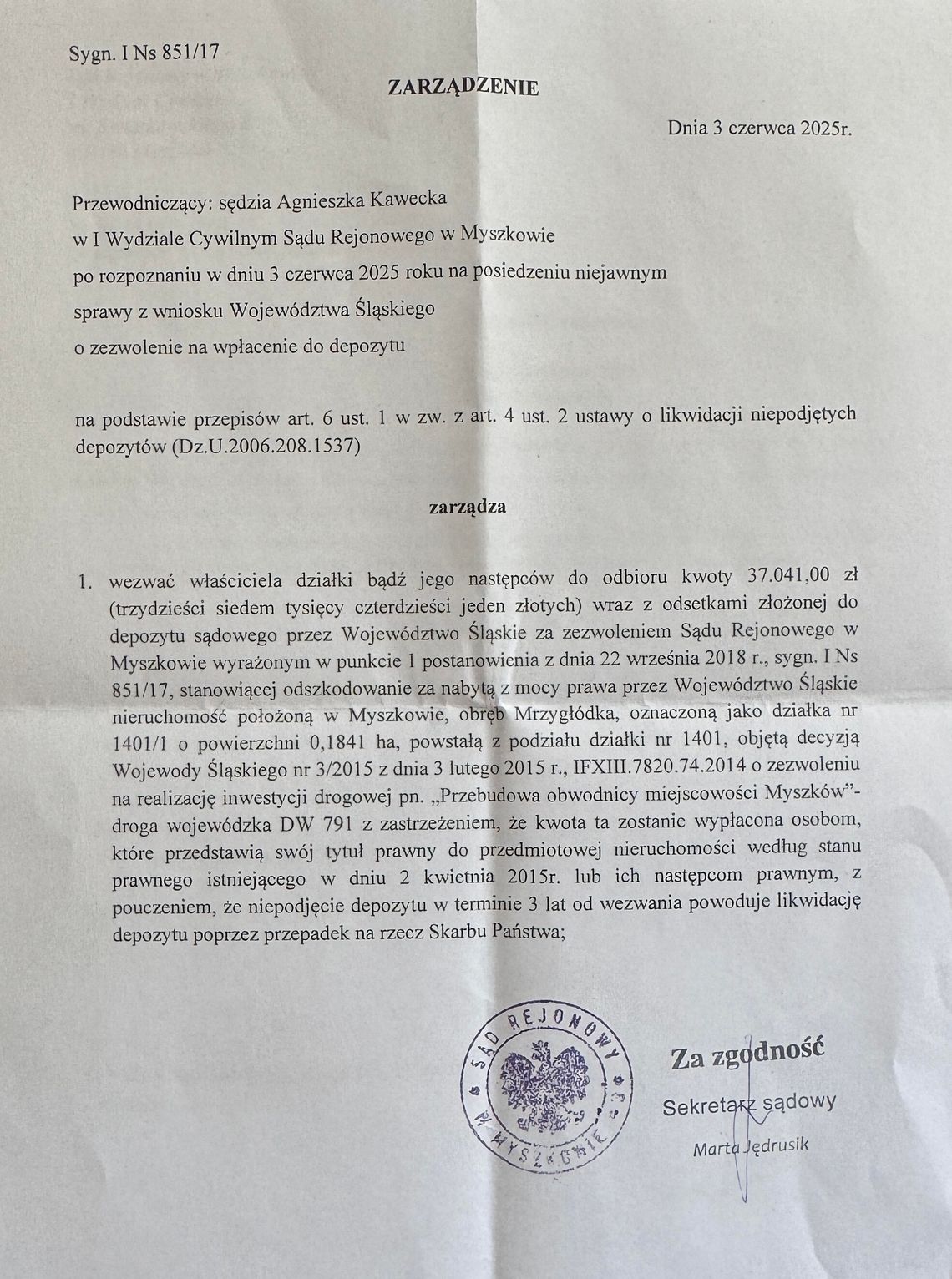 Zarządzenie Sygn  I Ns 851/17