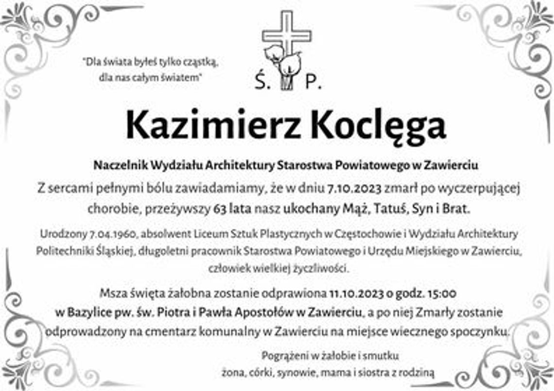 Zmarł Kazimierz Koclęga- wieloletni Naczelnik Wydziału Architektury w starostwie
