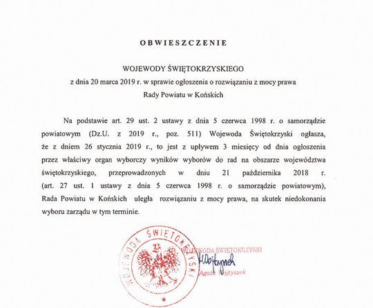 KIEDY WOJEWODA ROZWIĄŻE RADĘ POWIATU ZAWIERCIAŃSKIEGO?